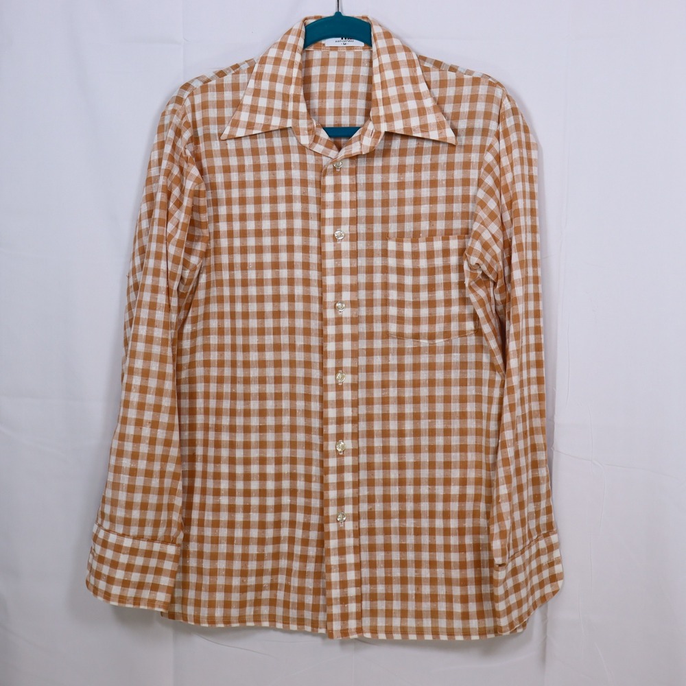 Van Heusen 417 Button Down Mens M Orange Gingham Vintage‎ 70s Shirt Long Sleeve